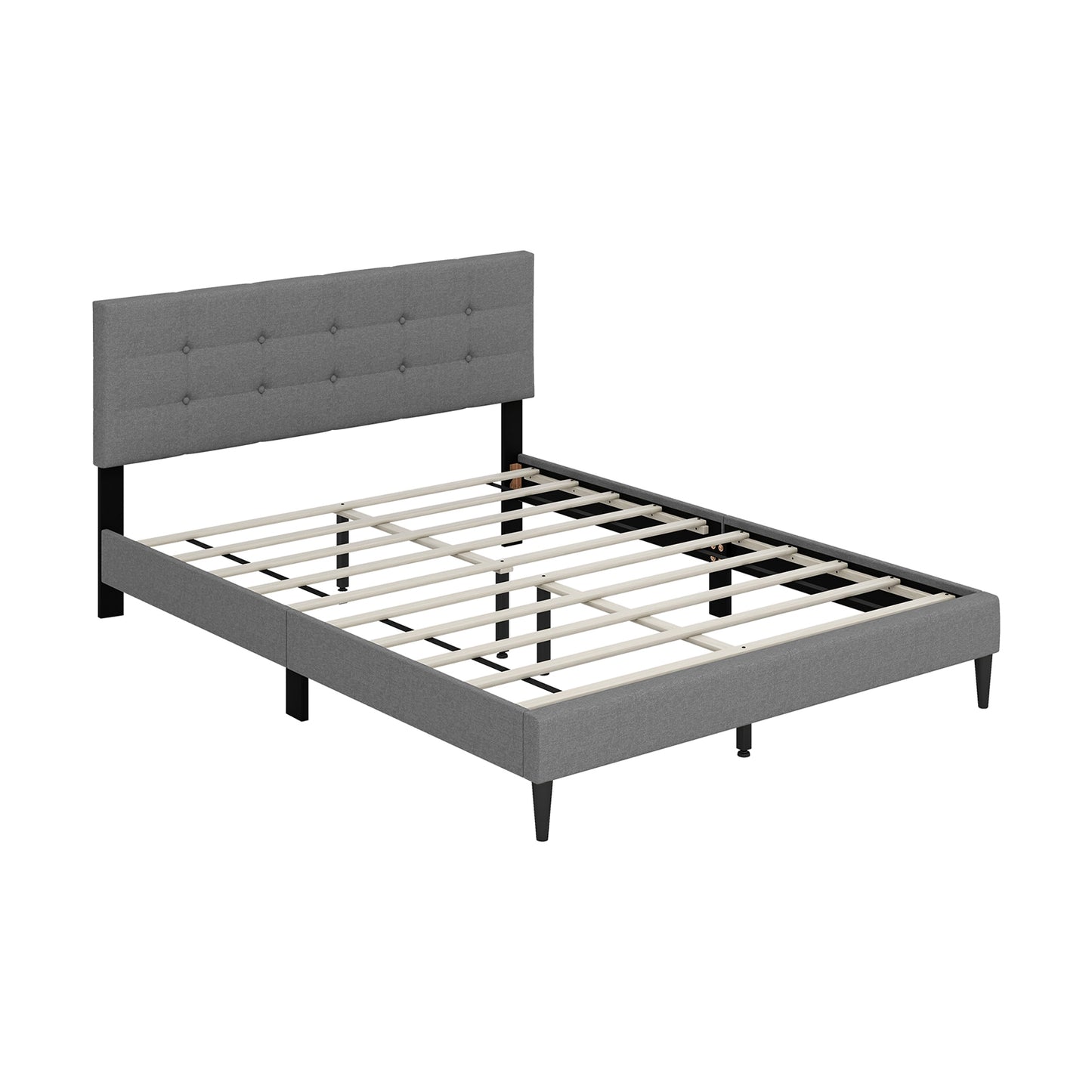 Queen Size Platform Bed, Button Tufted Headboard, Gray Simple Bed Frame at Gallery Canada