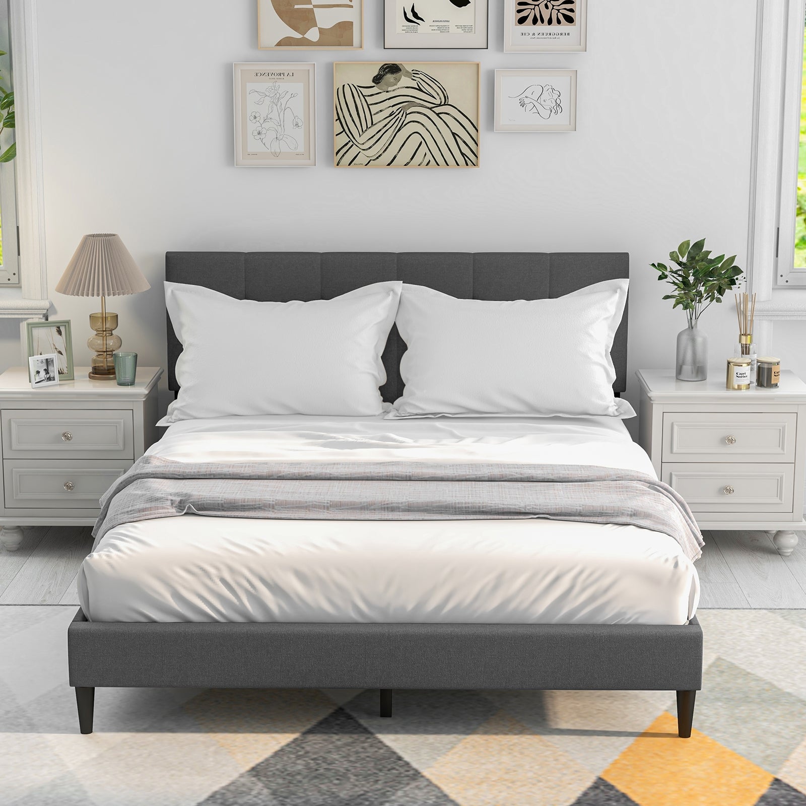 Queen Size Upholstered Platform Bed with Button Tufted Headboard, Gray Simple Bed Frame at Gallery Canada