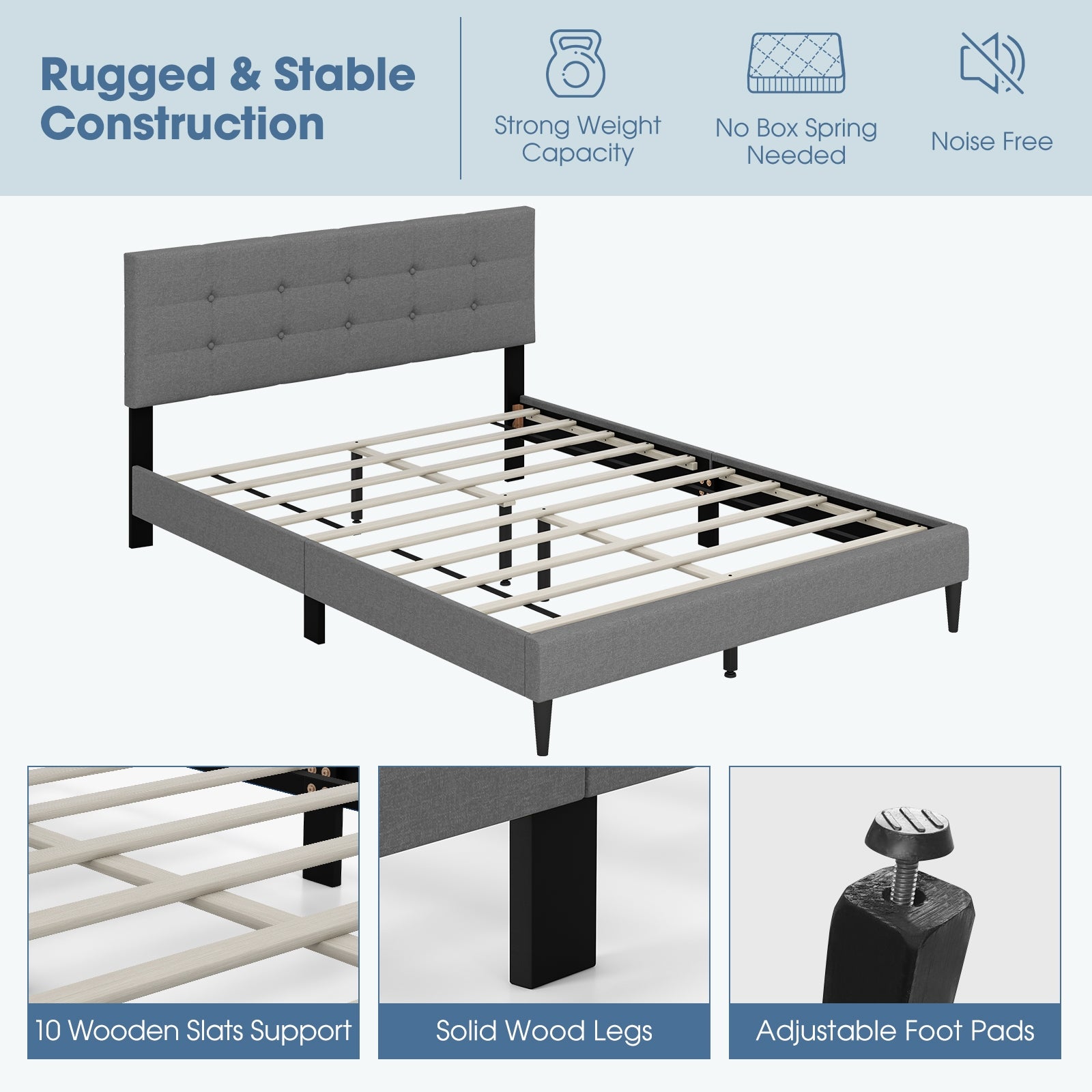 Queen Size Upholstered Platform Bed with Button Tufted Headboard, Gray Simple Bed Frame at Gallery Canada