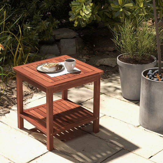 Double-Tier Acacia Wood Patio Side Table with Slatted Tabletop and Shelf, Natural - Gallery Canada