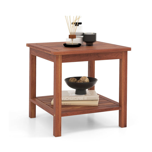Double-Tier Acacia Wood Patio Side Table with Slatted Tabletop and Shelf, Natural