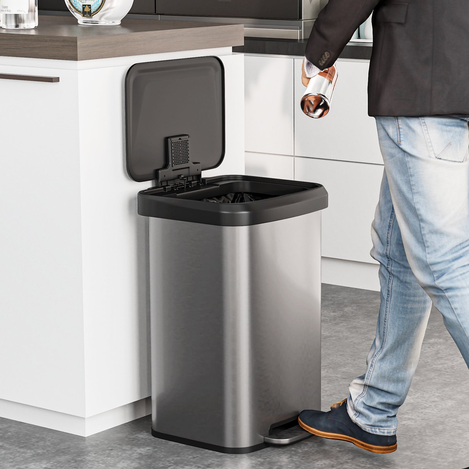 13.2 Gallon Step Trash Can, Soft Close Lid, Deodorizer Compartment, Silver Kitchen Organization at Gallery Canada