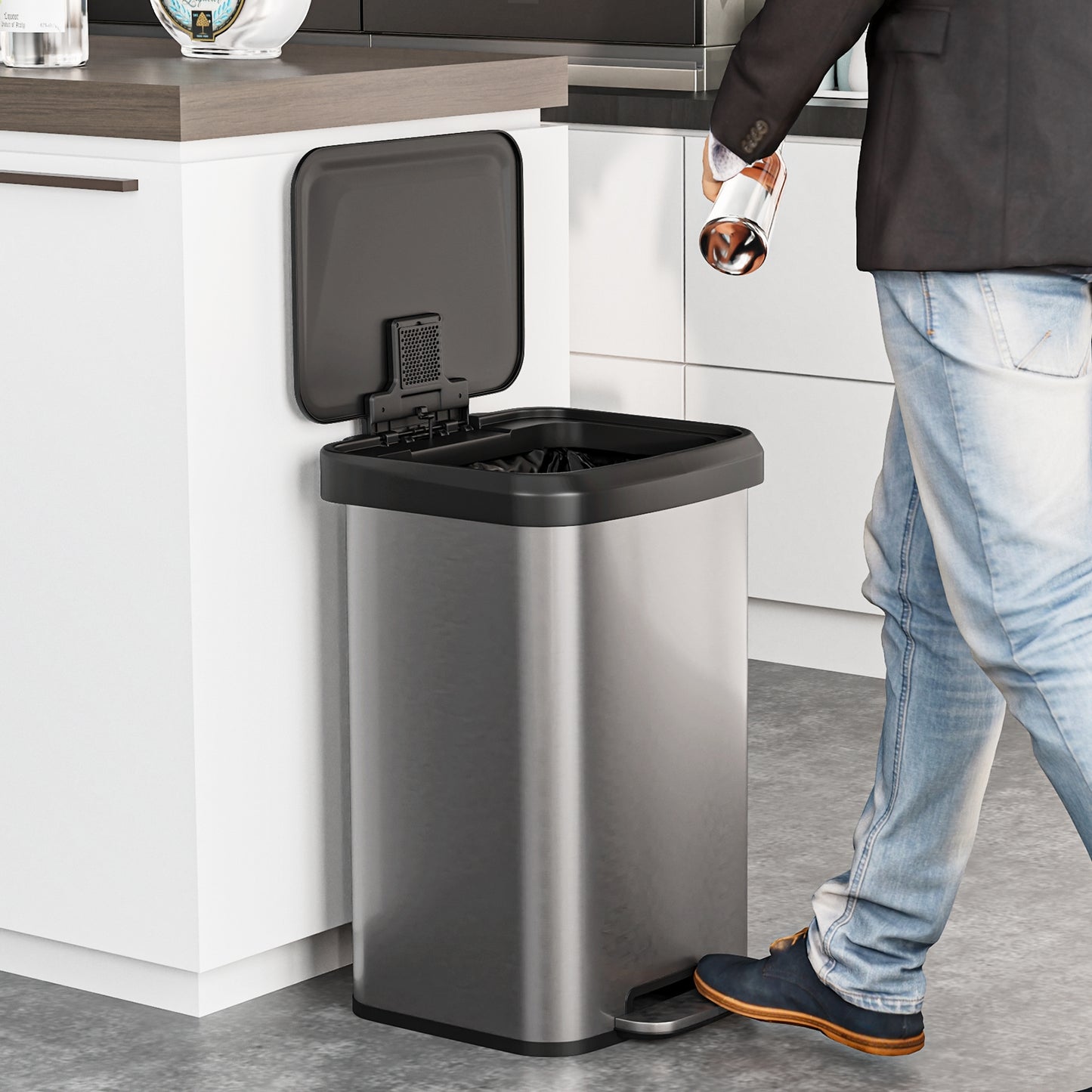 13.2 Gallon Step Trash Can, Soft Close Lid, Deodorizer Compartment, Silver Kitchen Organization at Gallery Canada
