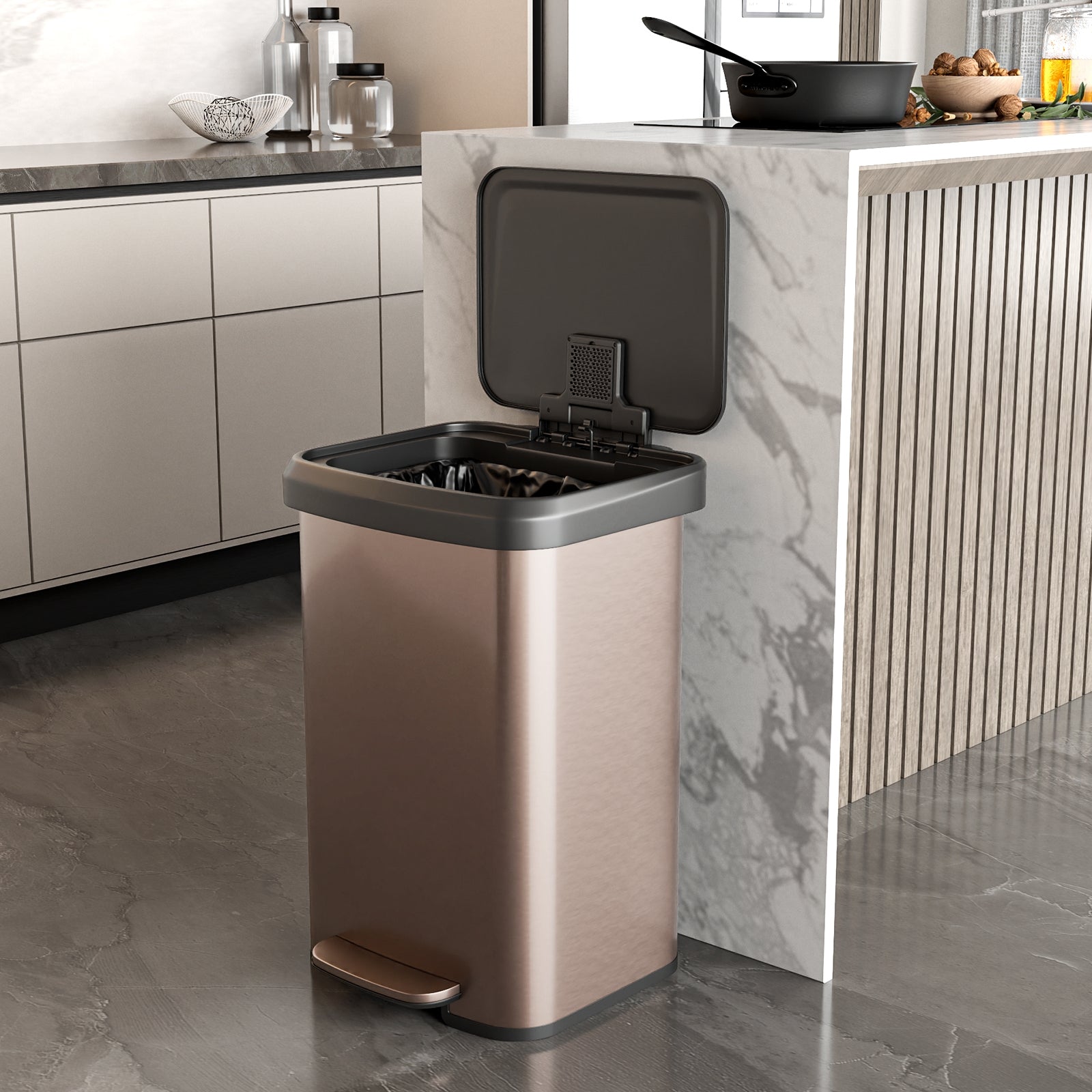 13.2 Gallon Step Trash Can, Soft Close Lid, Deodorizer Compartment, Golden Kitchen Organization at Gallery Canada
