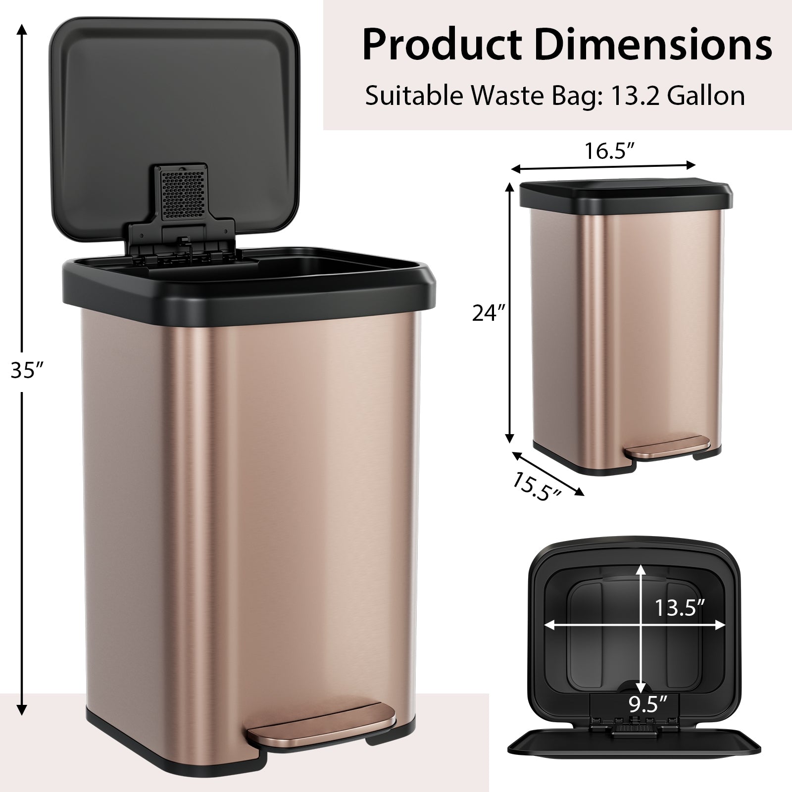 13.2 Gallon Step Trash Can, Soft Close Lid, Deodorizer Compartment, Golden Kitchen Organization at Gallery Canada