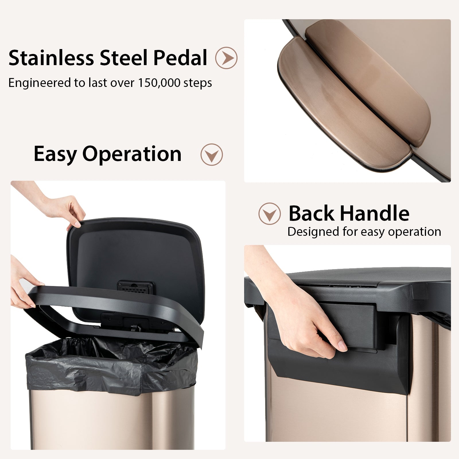 13.2 Gallon Step Trash Can, Soft Close Lid, Deodorizer Compartment, Golden Kitchen Organization at Gallery Canada