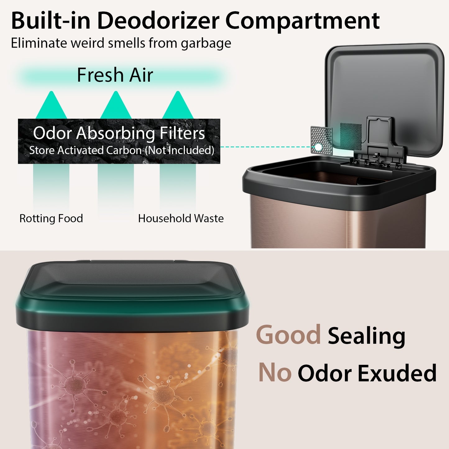 13.2 Gallon Step Trash Can, Soft Close Lid, Deodorizer Compartment, Golden Kitchen Organization at Gallery Canada
