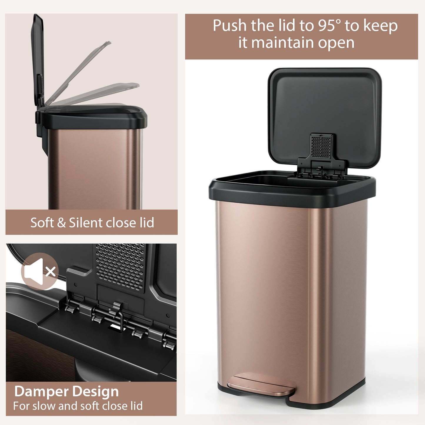 13.2 Gallon Step Trash Can, Soft Close Lid, Deodorizer Compartment, Golden Kitchen Organization at Gallery Canada