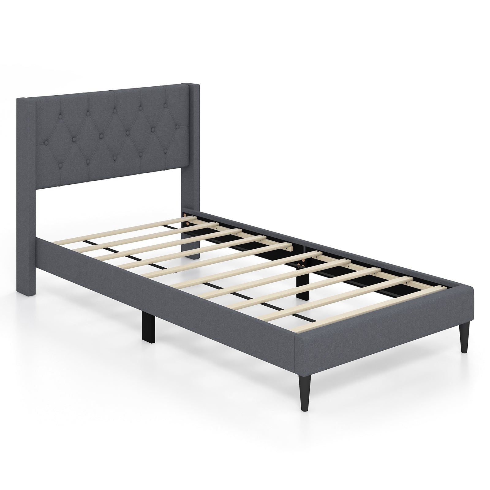 Twin Size Platform Bed With Tufted Wingback Headboard, Gray Simple Bed Frame Gray at Gallery Canada