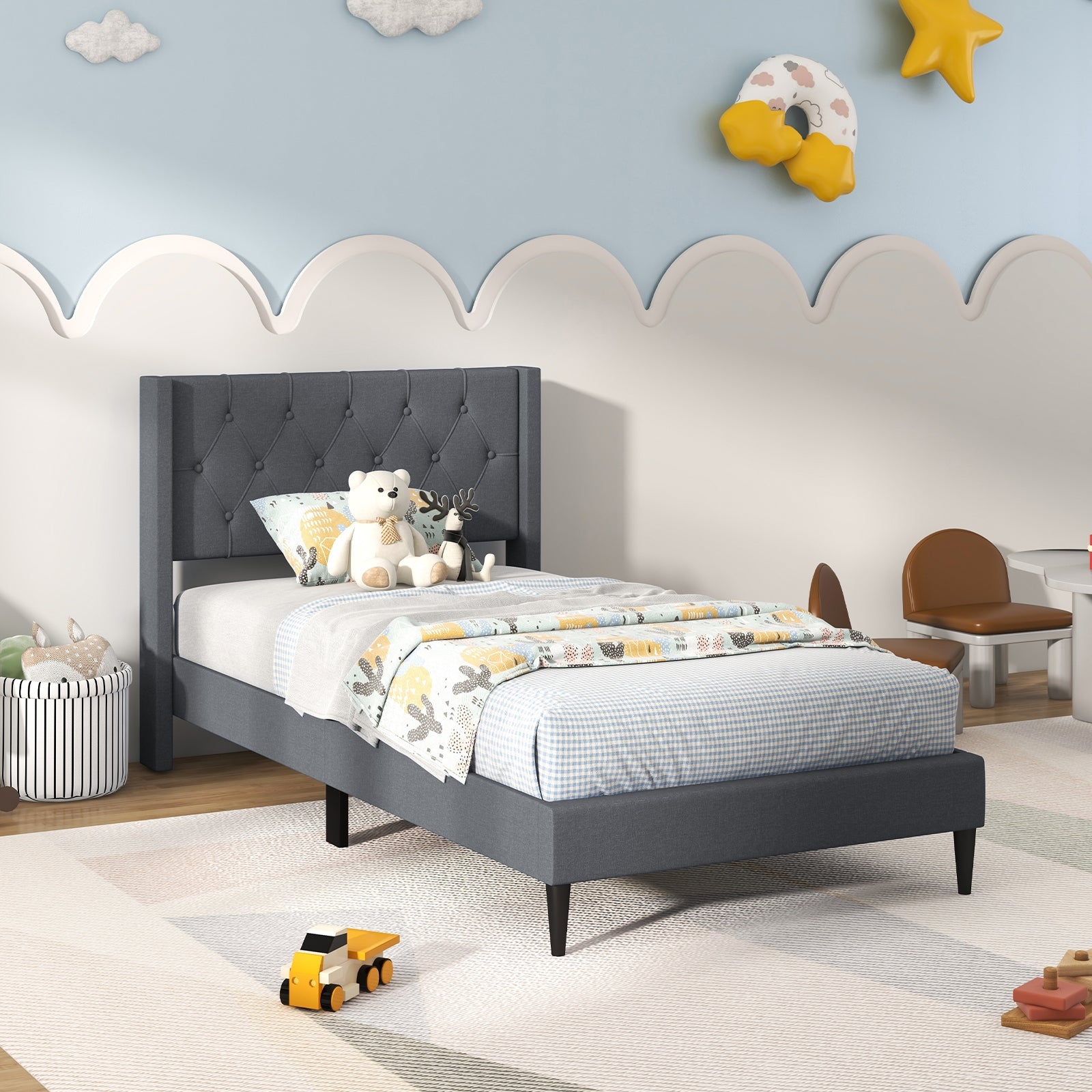 Twin Size Upholstered Platform Bed with Button Tufted Wingback Headboard, Gray Simple Bed Frame at Gallery Canada