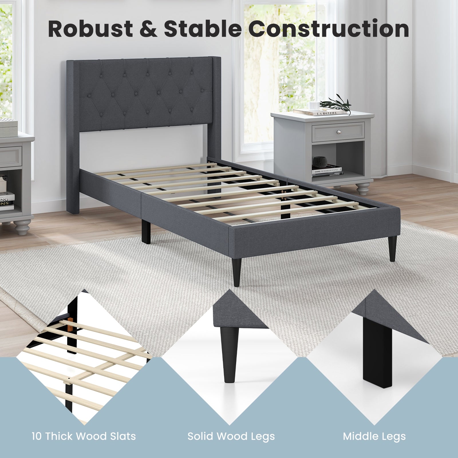 Twin Size Upholstered Platform Bed with Button Tufted Wingback Headboard, Gray Simple Bed Frame at Gallery Canada