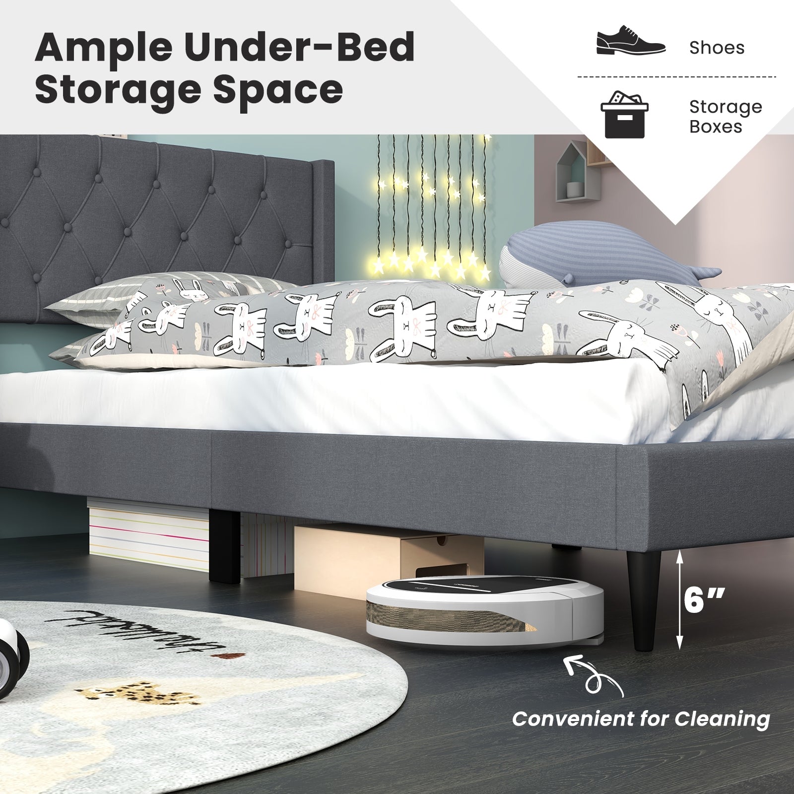 Twin Size Upholstered Platform Bed with Button Tufted Wingback Headboard, Gray Simple Bed Frame at Gallery Canada