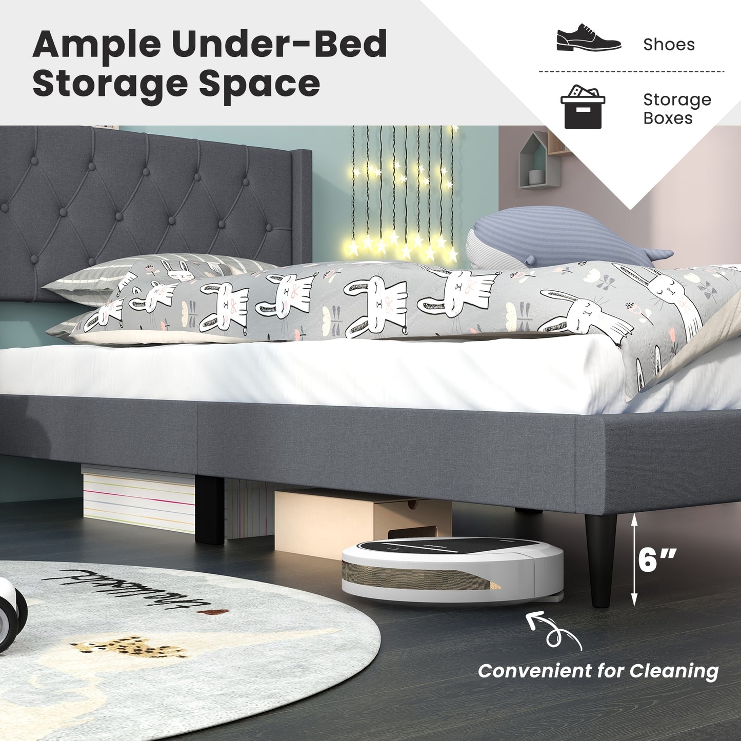 Twin Size Upholstered Platform Bed with Button Tufted Wingback Headboard, Gray Simple Bed Frame at Gallery Canada