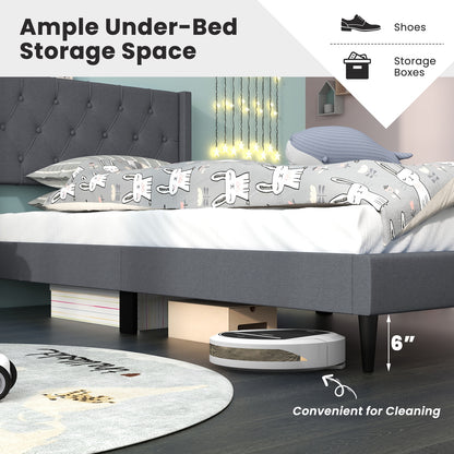 Twin Size Upholstered Platform Bed with Button Tufted Wingback Headboard, Gray Simple Bed Frame at Gallery Canada