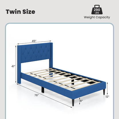 Twin Size Upholstered Platform Bed with Button Tufted Wingback Headboard, Blue Simple Bed Frame at Gallery Canada