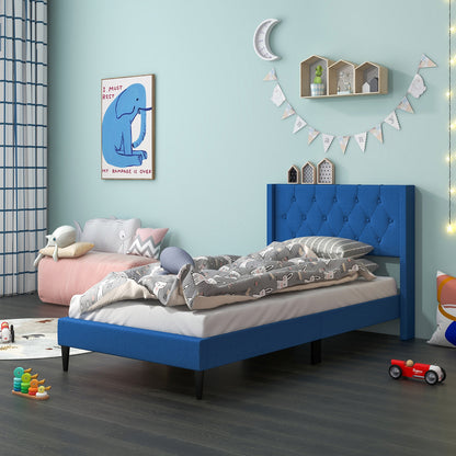 Twin Size Upholstered Platform Bed with Button Tufted Wingback Headboard, Blue Simple Bed Frame at Gallery Canada