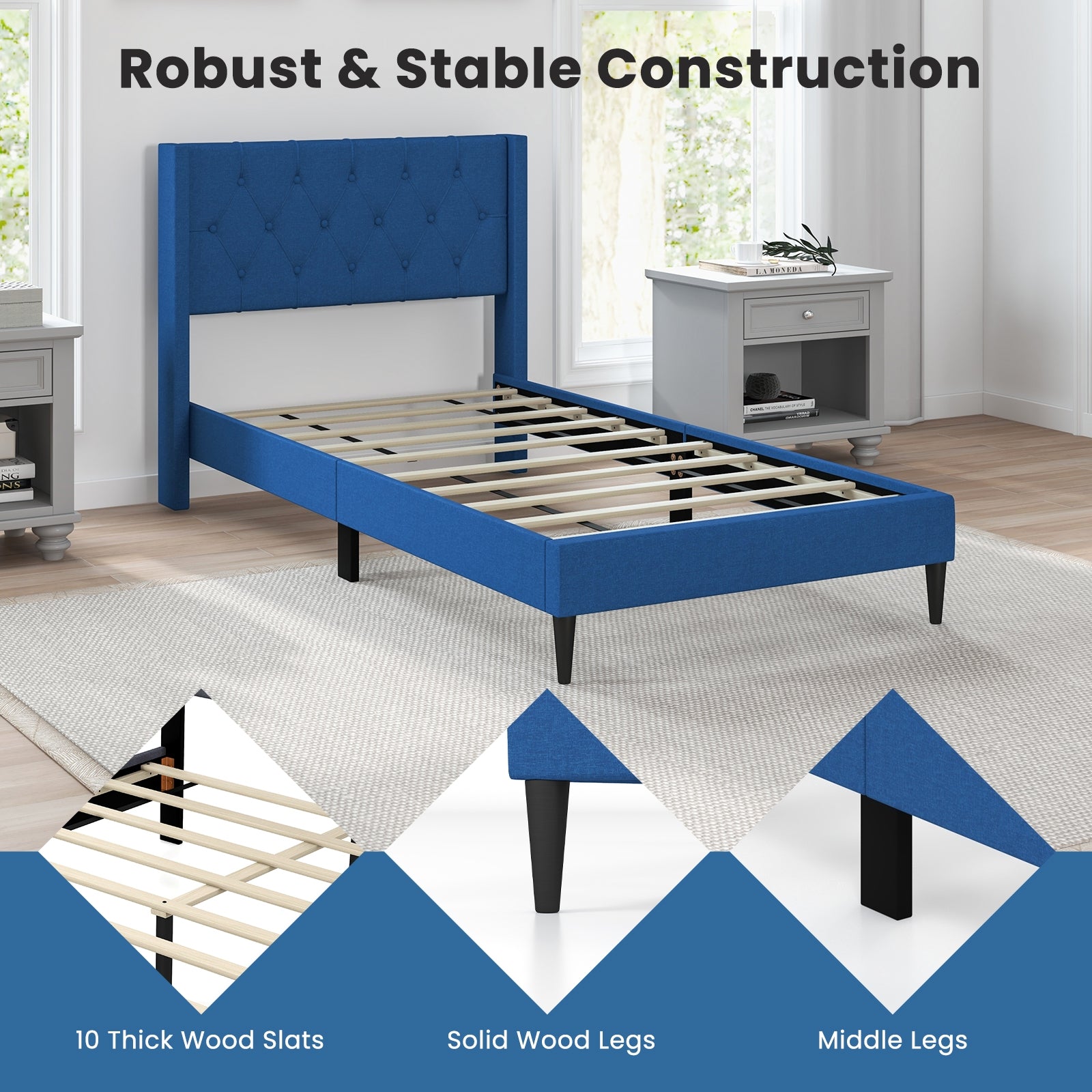 Twin Size Upholstered Platform Bed with Button Tufted Wingback Headboard, Blue Simple Bed Frame at Gallery Canada