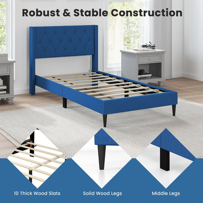 Twin Size Upholstered Platform Bed with Button Tufted Wingback Headboard, Blue Simple Bed Frame at Gallery Canada
