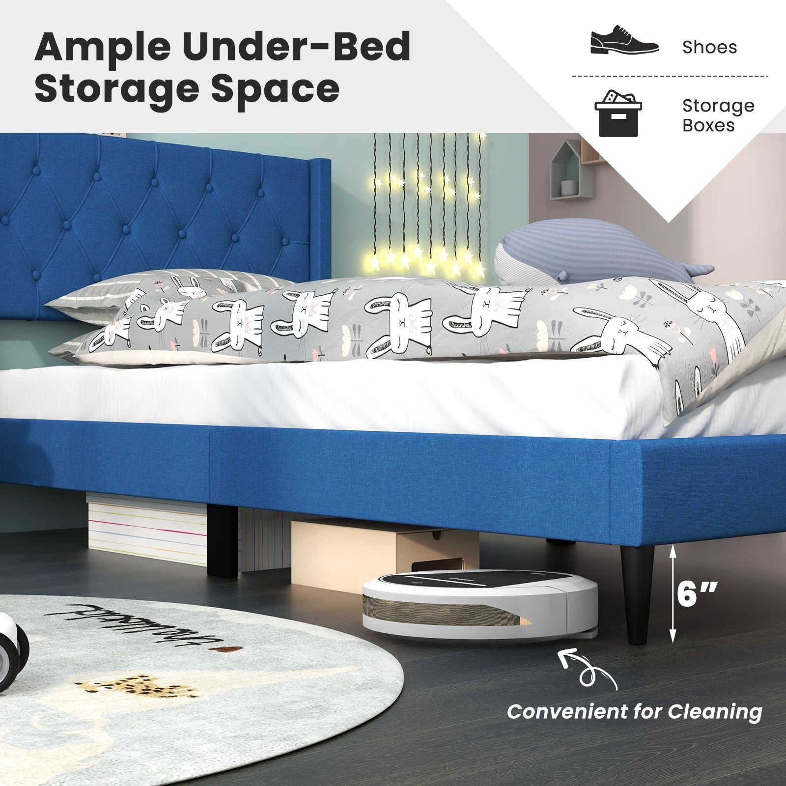 Twin Size Upholstered Platform Bed with Button Tufted Wingback Headboard, Blue Simple Bed Frame at Gallery Canada