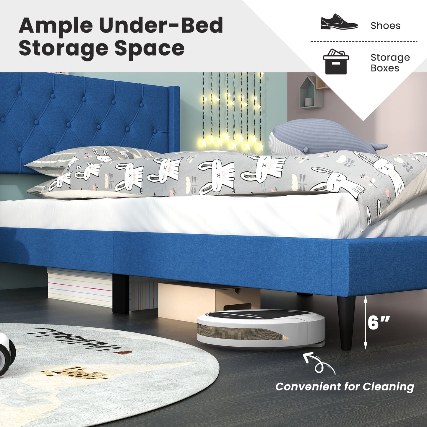 Twin Size Upholstered Platform Bed with Button Tufted Wingback Headboard, Blue Simple Bed Frame at Gallery Canada