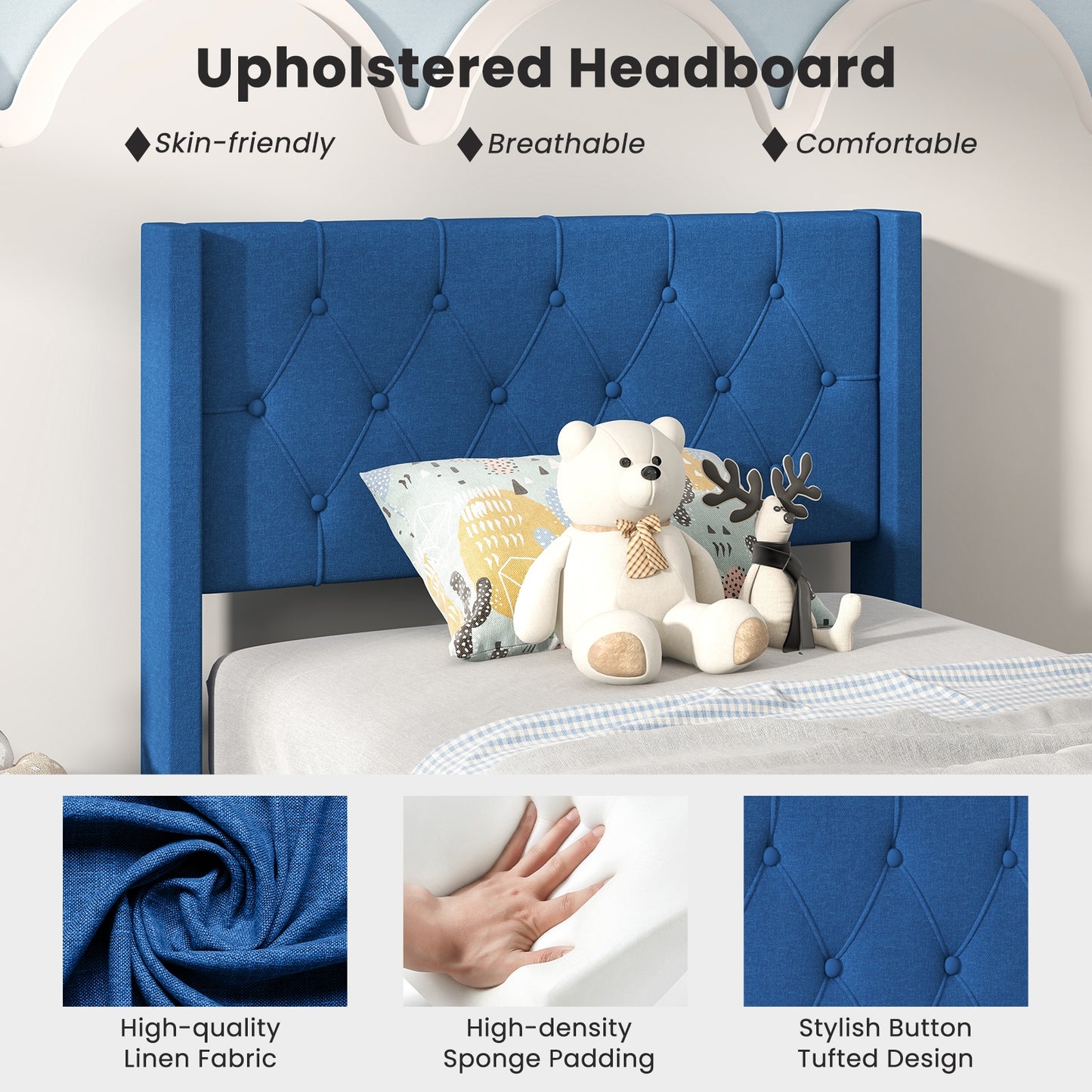 Twin Size Upholstered Platform Bed with Button Tufted Wingback Headboard, Blue Simple Bed Frame at Gallery Canada