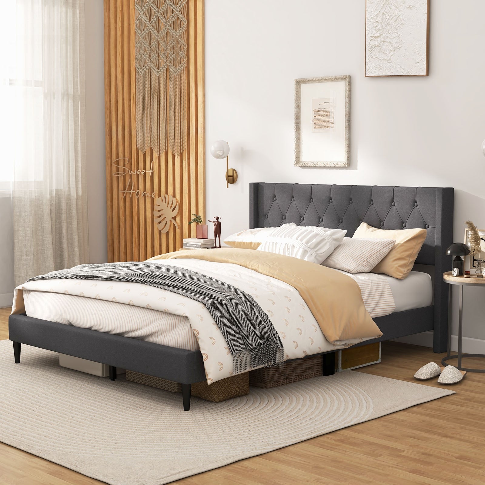 Queen Size Upholstered Platform Bed with Button Tufted Wingback Headboard, Gray Simple Bed Frame at Gallery Canada
