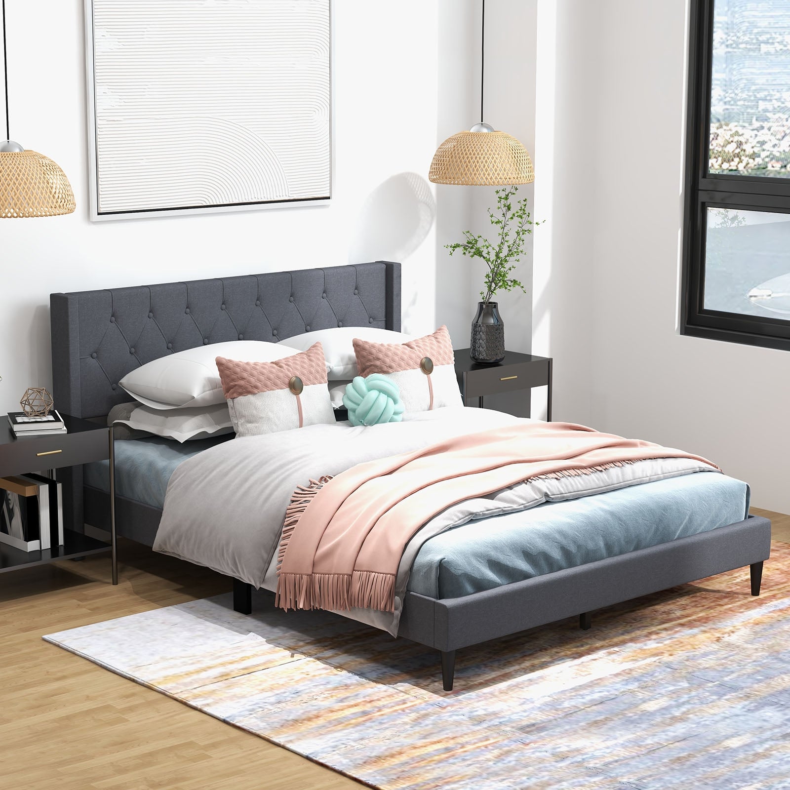 Queen Size Upholstered Platform Bed with Button Tufted Wingback Headboard, Gray Simple Bed Frame at Gallery Canada