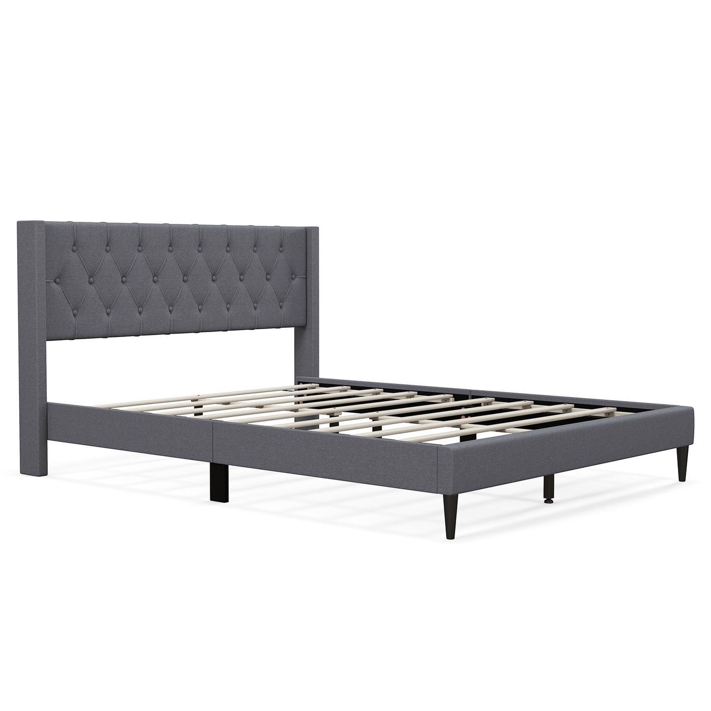 Queen Size Upholstered Platform Bed with Button Tufted Wingback Headboard, Gray Simple Bed Frame at Gallery Canada