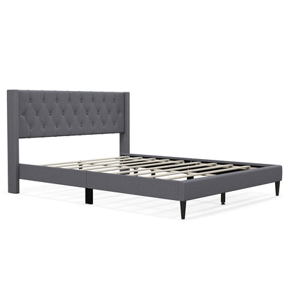 Queen Size Upholstered Platform Bed with Button Tufted Wingback Headboard, Gray Simple Bed Frame at Gallery Canada