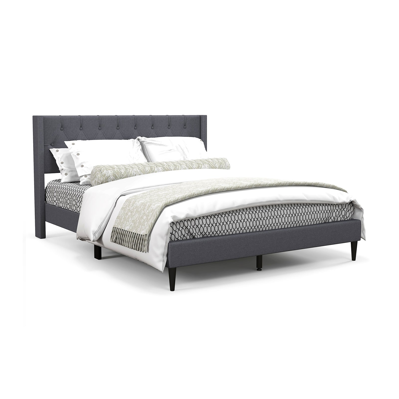 Queen Size Upholstered Platform Bed with Button Tufted Wingback Headboard, Gray Simple Bed Frame at Gallery Canada