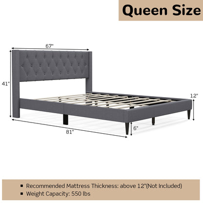 Queen Size Upholstered Platform Bed with Button Tufted Wingback Headboard, Gray Simple Bed Frame at Gallery Canada