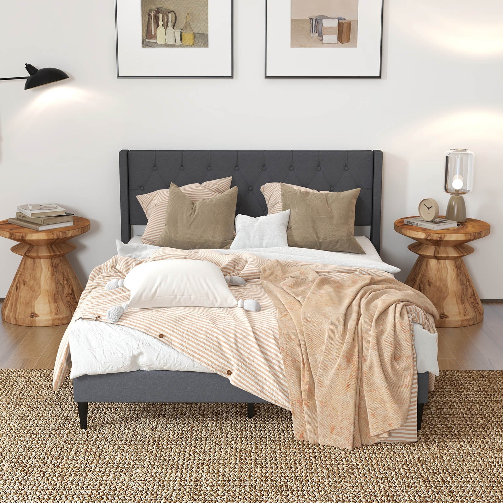 Queen Size Upholstered Platform Bed with Button Tufted Wingback Headboard, Gray Simple Bed Frame at Gallery Canada