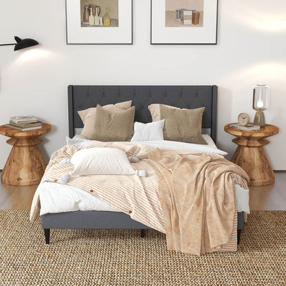 Queen Size Upholstered Platform Bed with Button Tufted Wingback Headboard, Gray Simple Bed Frame at Gallery Canada