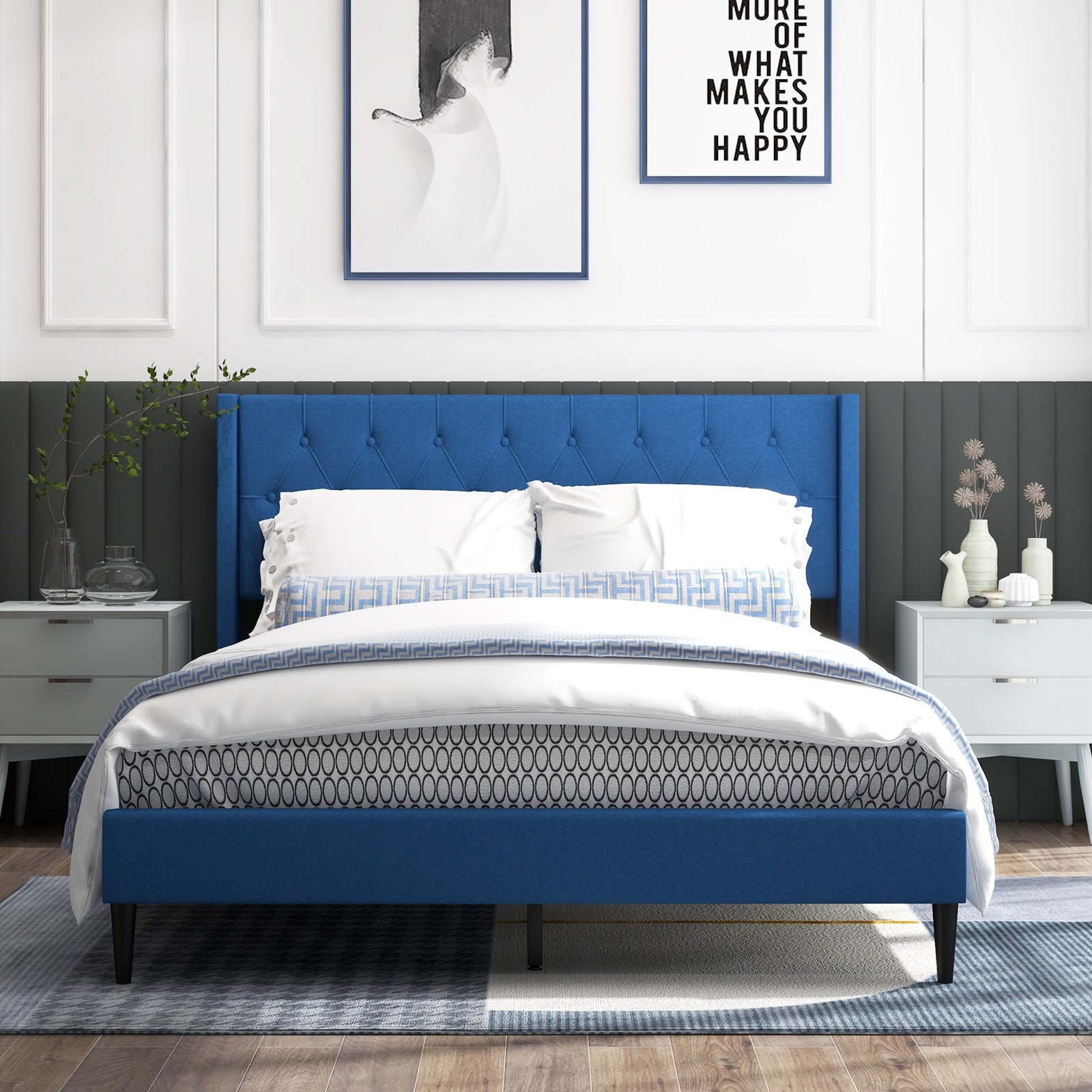 Queen Size Upholstered Platform Bed with Button Tufted Wingback Headboard, Blue Simple Bed Frame at Gallery Canada