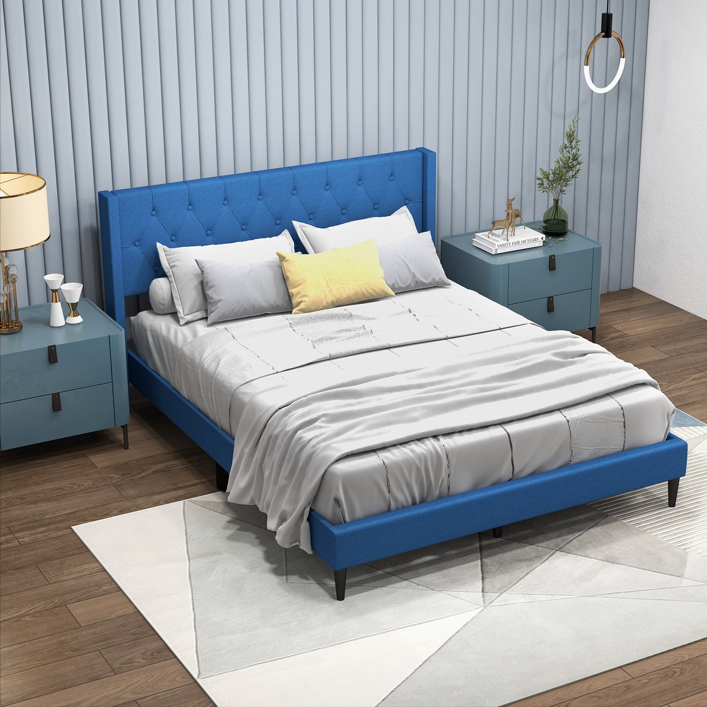 Queen Size Upholstered Platform Bed with Button Tufted Wingback Headboard, Blue Simple Bed Frame at Gallery Canada
