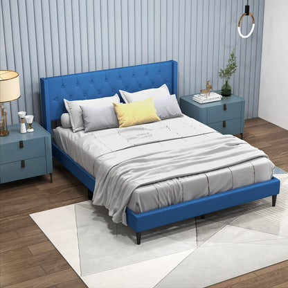Queen Size Upholstered Platform Bed with Button Tufted Wingback Headboard, Blue Simple Bed Frame at Gallery Canada