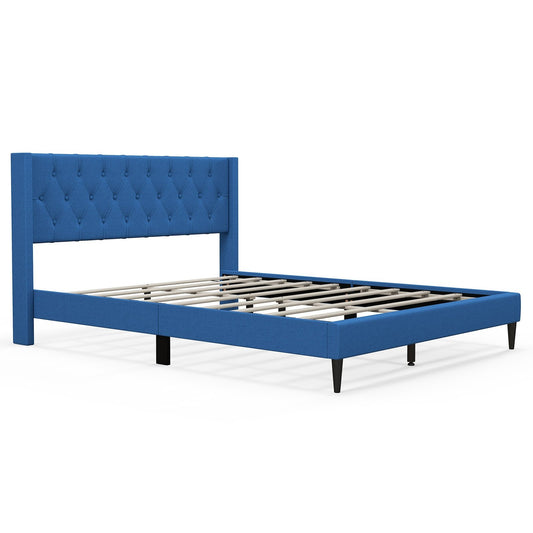 Queen Size Upholstered Platform Bed with Button Tufted Wingback Headboard, Blue - Gallery Canada