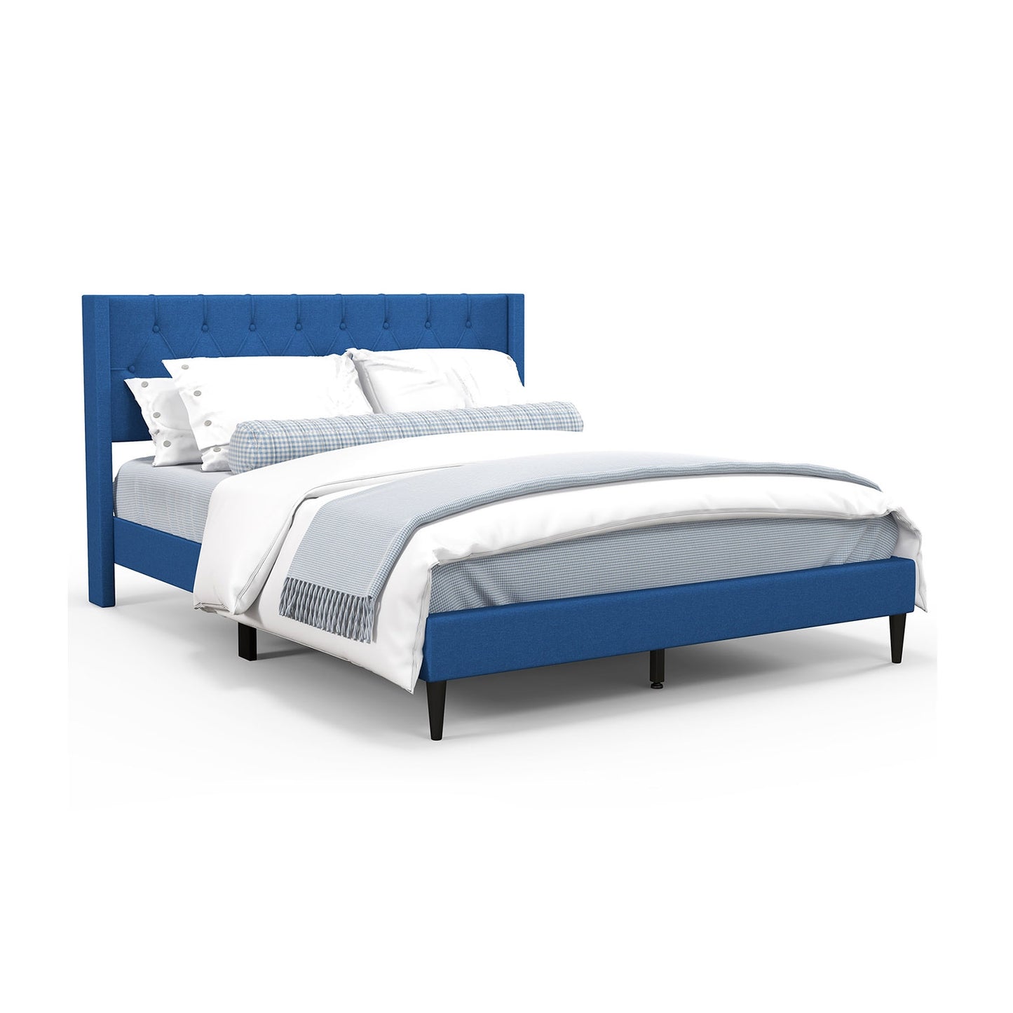 Queen Size Upholstered Platform Bed with Button Tufted Wingback Headboard, Blue Simple Bed Frame at Gallery Canada