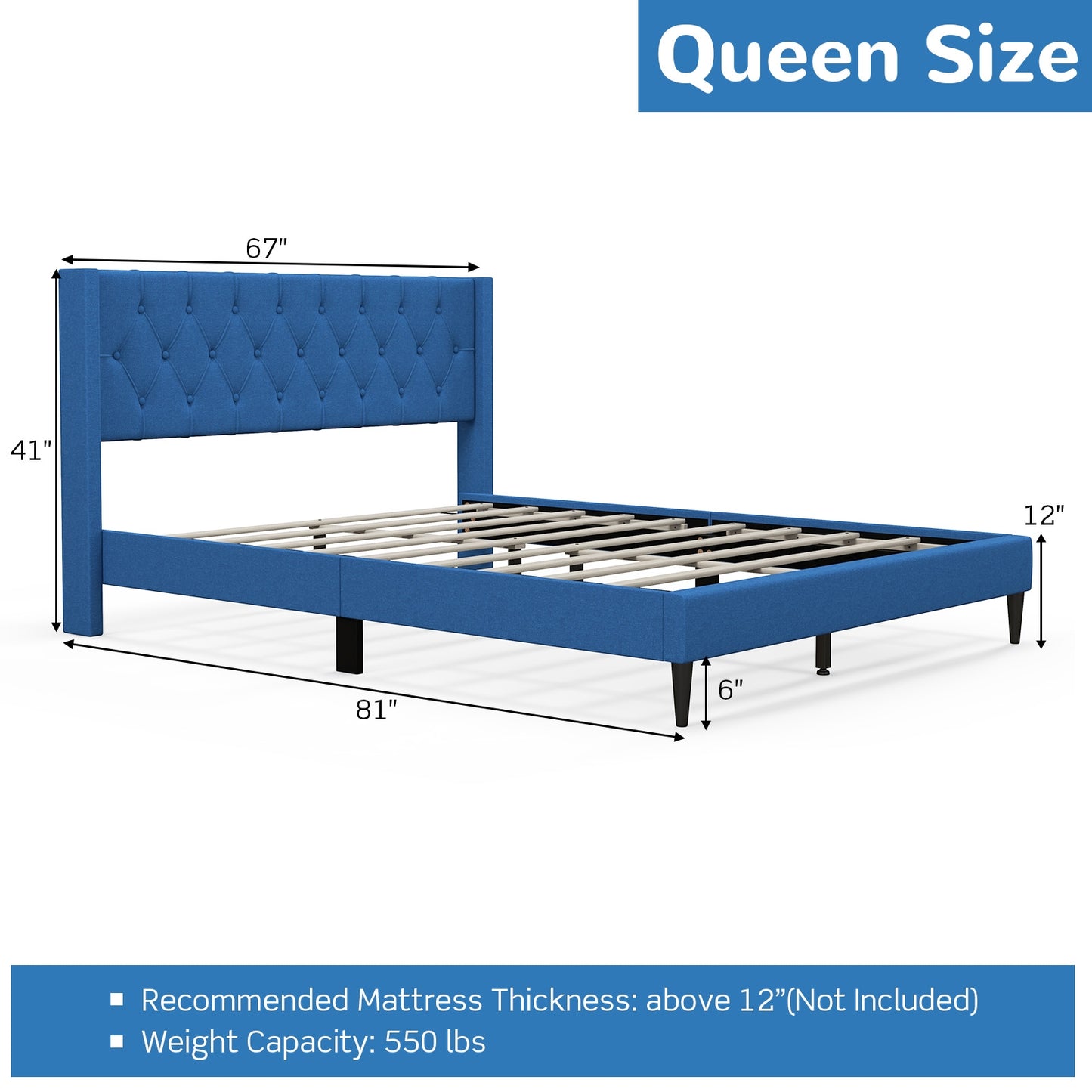 Queen Size Upholstered Platform Bed with Button Tufted Wingback Headboard, Blue Simple Bed Frame at Gallery Canada