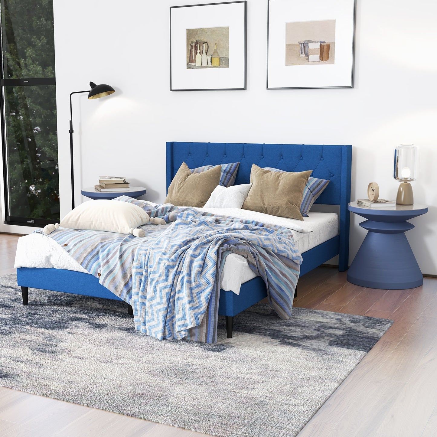 Queen Size Upholstered Platform Bed with Button Tufted Wingback Headboard, Blue Simple Bed Frame at Gallery Canada