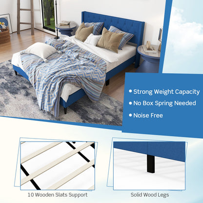 Queen Size Upholstered Platform Bed with Button Tufted Wingback Headboard, Blue Simple Bed Frame at Gallery Canada