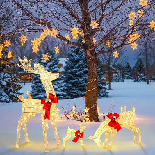 3 Pieces Lighted Reindeer Family Set with 230 LED Lights Stakes, White - Gallery Canada