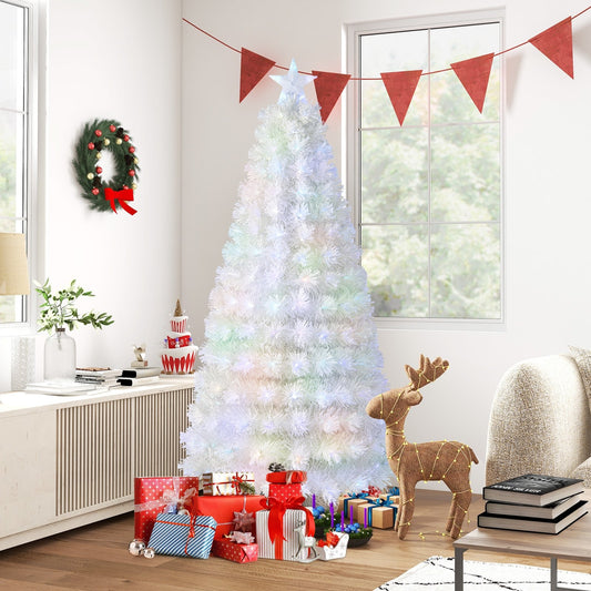 6/7 Feet Pre-Lit Fiber Optic White Snow-Flocked Artificial Christmas Tree-6 ft, White - Gallery Canada