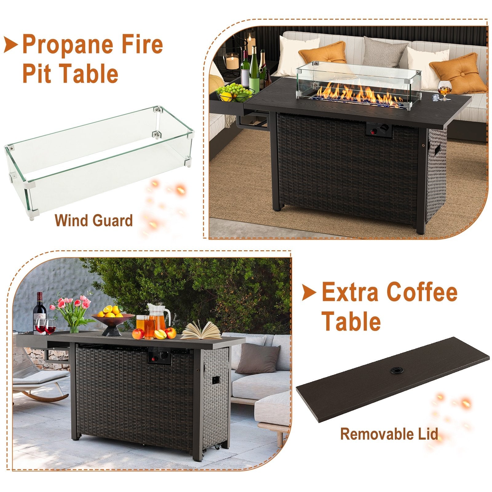 52 Inches Outdoor Wicker Gas Fire Pit Propane Fire Table with Cover, Brown at Gallery Canada