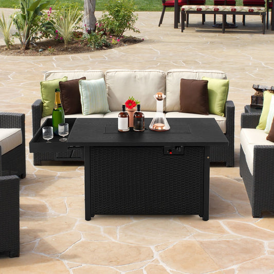 52 Inches Outdoor Wicker Gas Fire Pit Propane Fire Table with Cover, Black - Gallery Canada