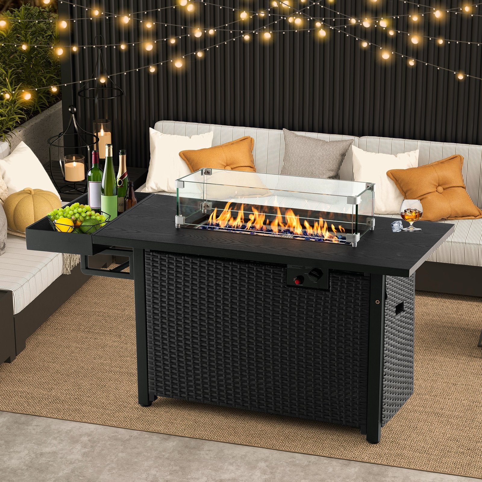52 Inches Outdoor Wicker Gas Fire Pit Propane Fire Table with Cover, Black at Gallery Canada