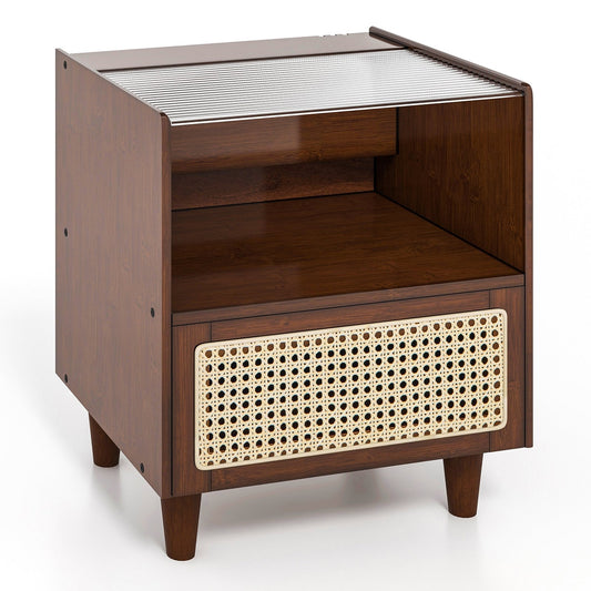 Bamboo Rattan Nightstand with Drawer and Solid Wood Legs, Brown - Gallery Canada