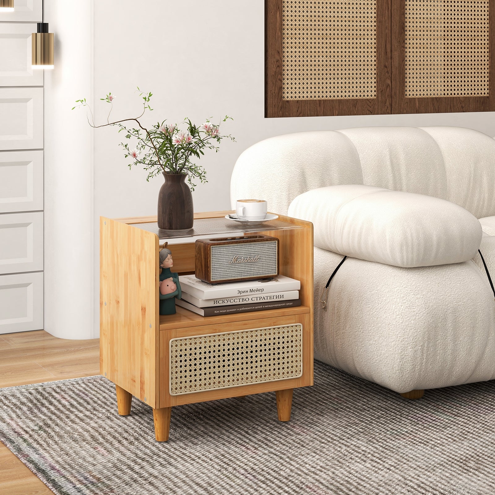 Bamboo Rattan Nightstand with Drawer and Solid Wood Legs, Natural Nightstands at Gallery Canada