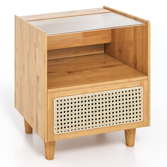 Bamboo Rattan Nightstand with Drawer and Solid Wood Legs, Natural - Gallery Canada