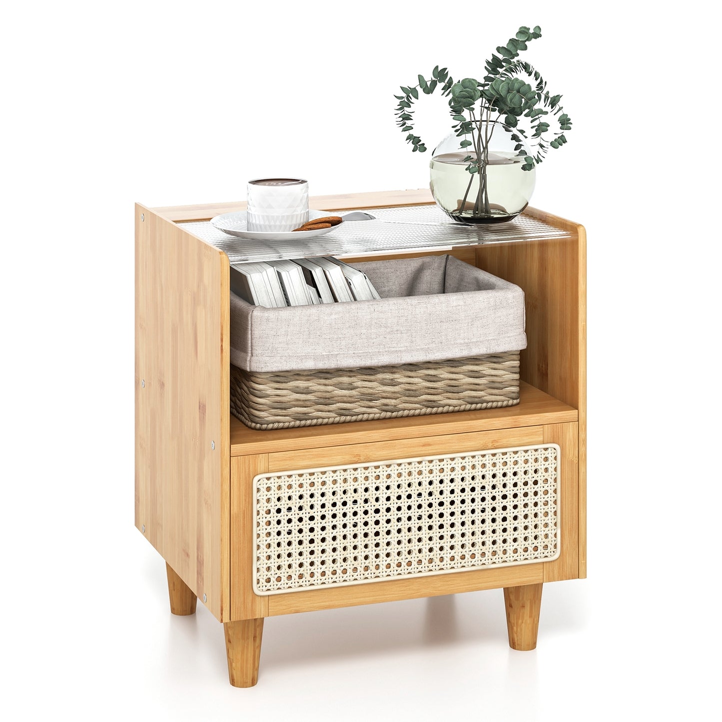 Bamboo Rattan Nightstand with Drawer and Solid Wood Legs, Natural Nightstands at Gallery Canada